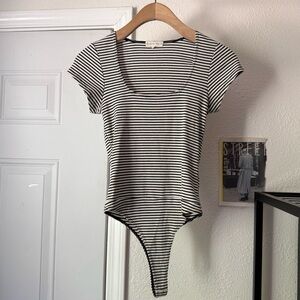 Whimsy + Row‎ black white rib ribbed cotton square neck short sleeve bodysuit